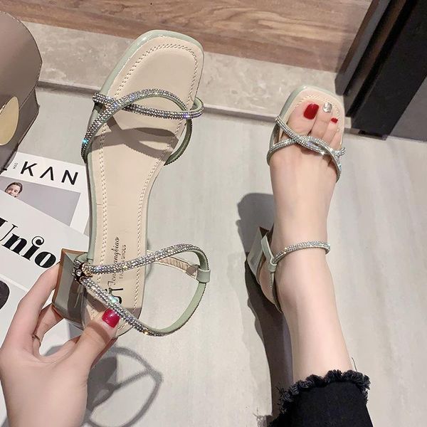 

sandals women 2021 fashion casual slip-on solid shallow back strap square heel med (3cm-5cm) cross-strap con cise high quality, Black