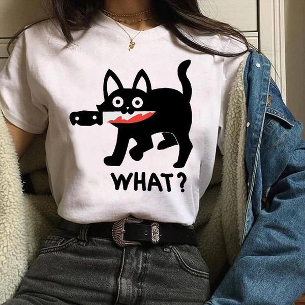

clothes graphic cat scary funny women 90s print cartoon autumn fall tees female t shirt womens, White