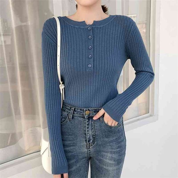 

single-breasted o-neck slim short knitwear women korean style long sleeve elastic spring base shirt casual knitted pullover 210522, White;black