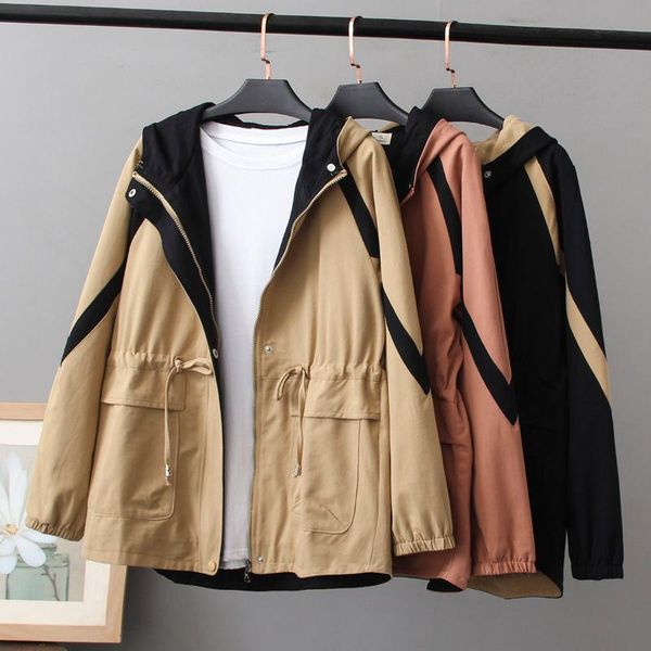 

women's trench coats plus size 2021 spring autumn stitching hooded women coat casual loose long female zipper windbreaker outwear 4xl, Tan;black