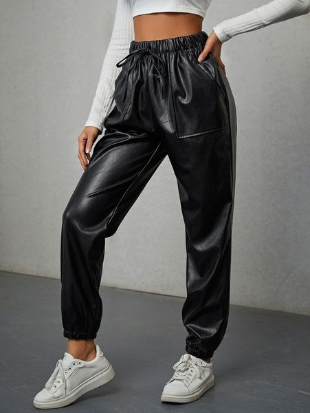 

slant pocket pu leather carrot pants 69qt#, Black;white