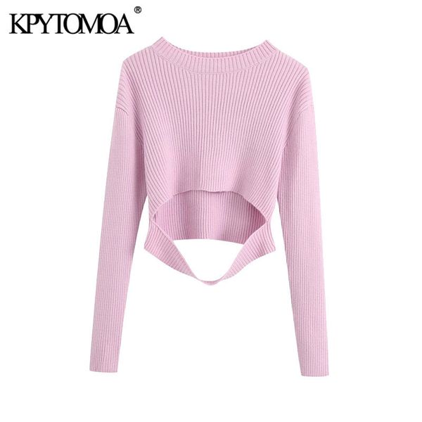 

women fashion hollow out cropped knitted sweater vintage o neck long sleeve female pullovers chic 210416, White;black