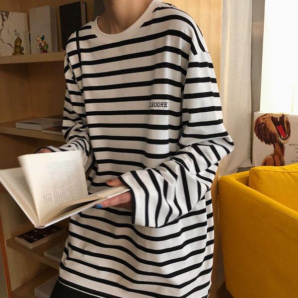

women's t-shirt spring and autumn loose versatile embroidery stripe long sleeve net red ins medium letter top, White