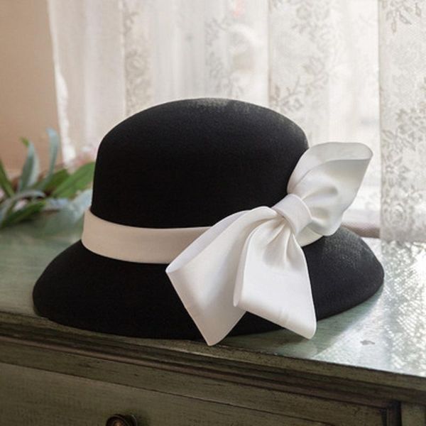 

stingy brim hats elegant women winter 100% wool felt lady party big bowknot woolen fedora hat, Blue;gray