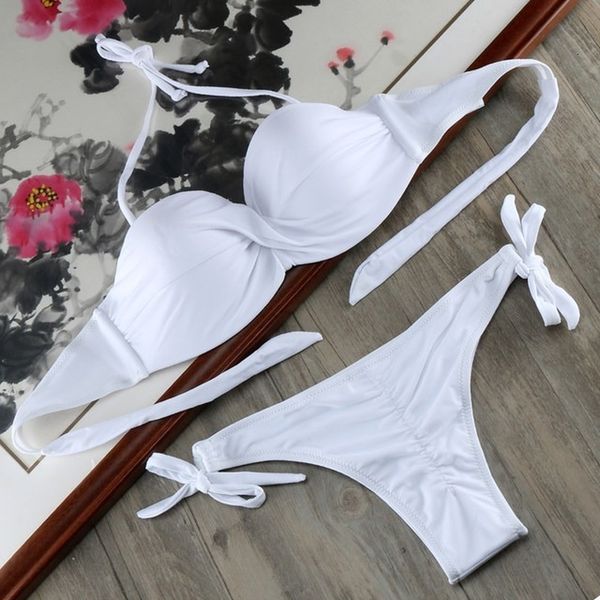 

swimwear solid strappy bandage bikinis set push up bikini bandeau brazilian swimsuit bathing suit maillot de bain, White;black