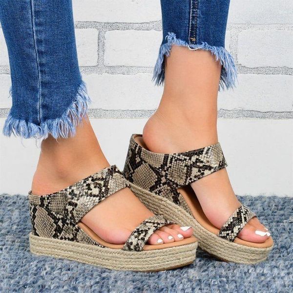 

slippers women slides summer sandals wedges thick soles flat platform female floral beach snake pattern flip flops, Black