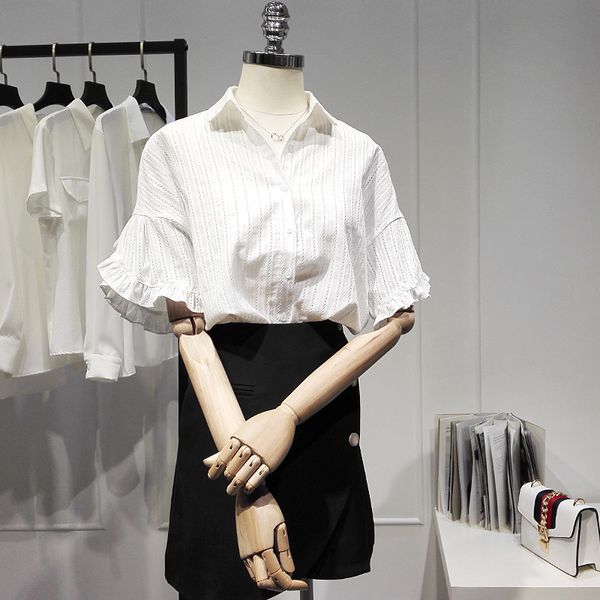 

solid colour casual shirt for women 2021 summer new fashion blouse cute all-match french style loose polo collar blusas, White
