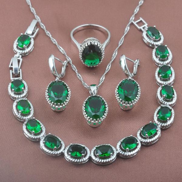 Orecchini Collana Verde Cubic Zirconia Set di gioielli per le donne Costume da sposa Anelli di colore argento Bracciale Set 2021 YZ0192