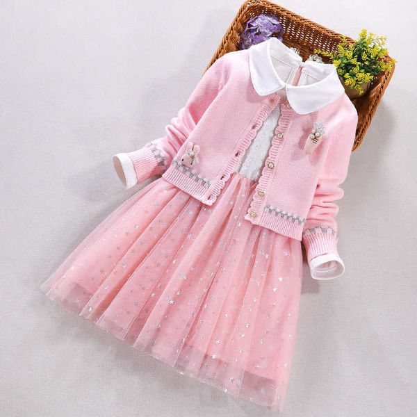 Chegadas Crianças Roupas de Menina 2 Piece Conjunto Rosa Cardigan Camisola Casaco de Manga Longa Algodão Lace Malha Vestido Princesa Meninas Roupas 210713