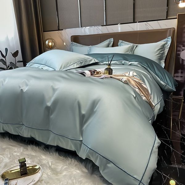 

european 60 thread count long staple satin four piece set of bed sheet quilt cover cotton el style pure color