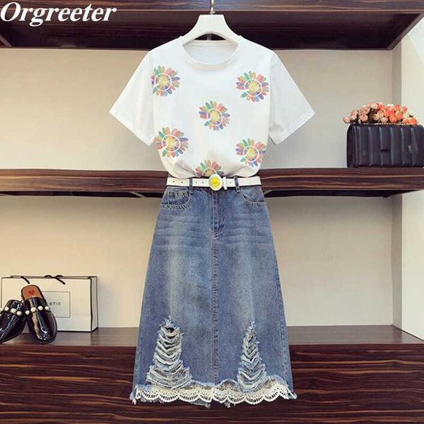 

summer women flower tshirt and high waist lace patchwork hole long denim skirt two piece set female outfits 210525, White