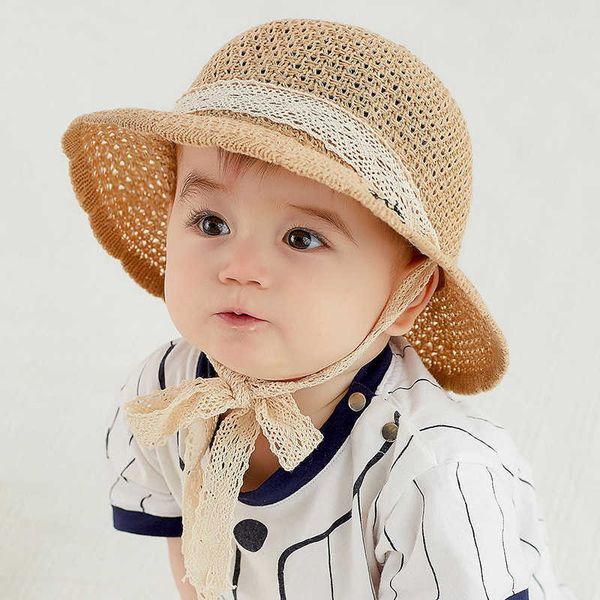 

summer new flat brim straw hat, embroidered cotton yarn sun for baby, boys and girls, Yellow