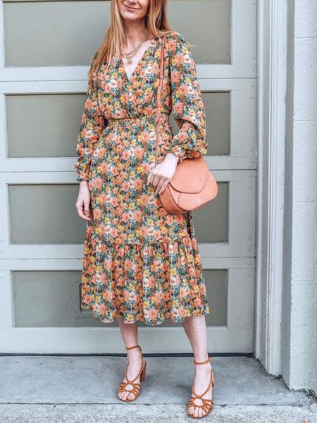

casual dresses 2021 autumn women's cross v-neck midi dress elastic waist two pieces set long lantern sleeve ladies oil painting floral, Black;gray