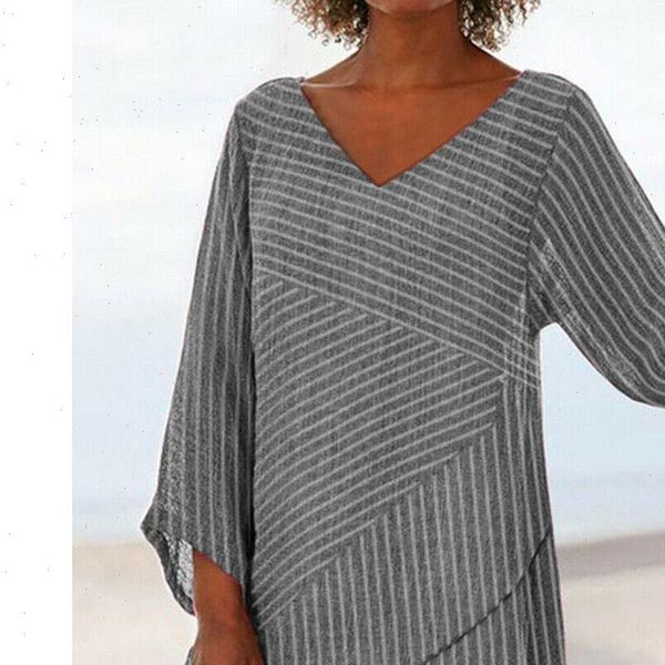 

women shirt long sleeve linen baggy blouse ladies v neck striped irregular hem summer tunic size 6 16, White