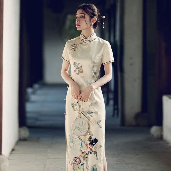 

ethnic clothing chinese women cheongsam vintage print flower qipao slim handmade button dress classic stage show gown noble toast vesti, Red