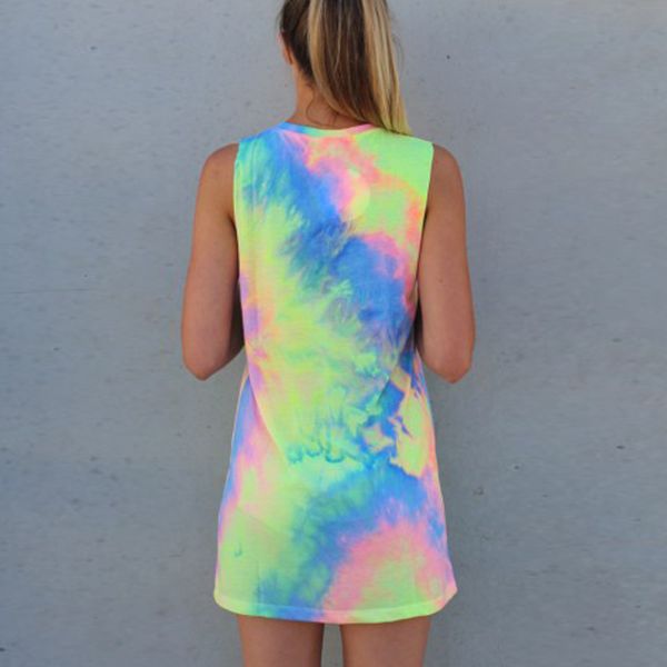 

summer party rainbow mini tie dye beach dress women slip loose sleeveless, White