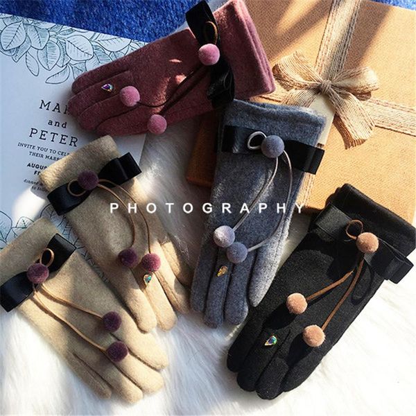 

five fingers gloves black cashmere wool women winter warm bowknot plush ball decoration mittens elegant touch screen christmas gift, Blue;gray