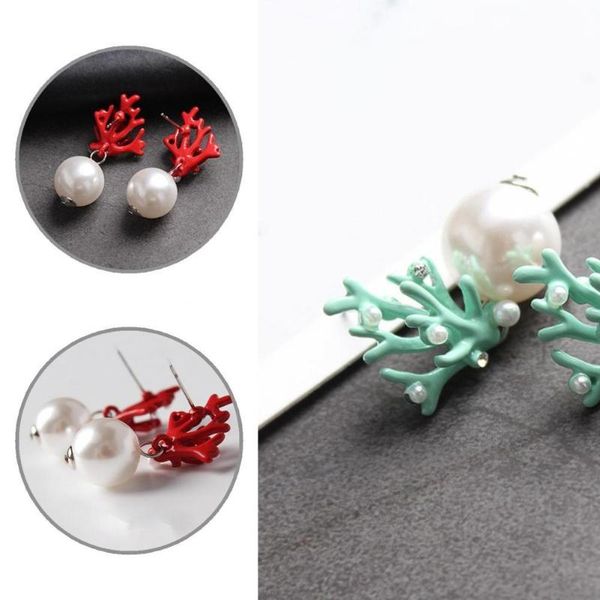 

stud temperament 1 pair stylish coral shape imitation pearl earrings women ear studs all match for vacation, Golden;silver