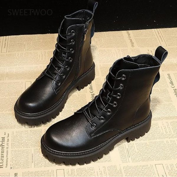 

boots 2021 black platform combat ankle for women lace up buckle strap woman shoes winter biker