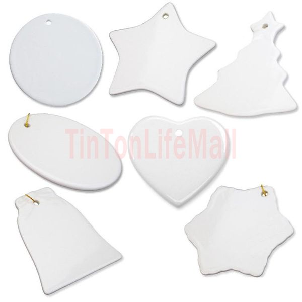 

new sublimation blank ornament white ceramic 3 inch round heart star tree porcelain pendant with gold string for christmas home decor tag bl