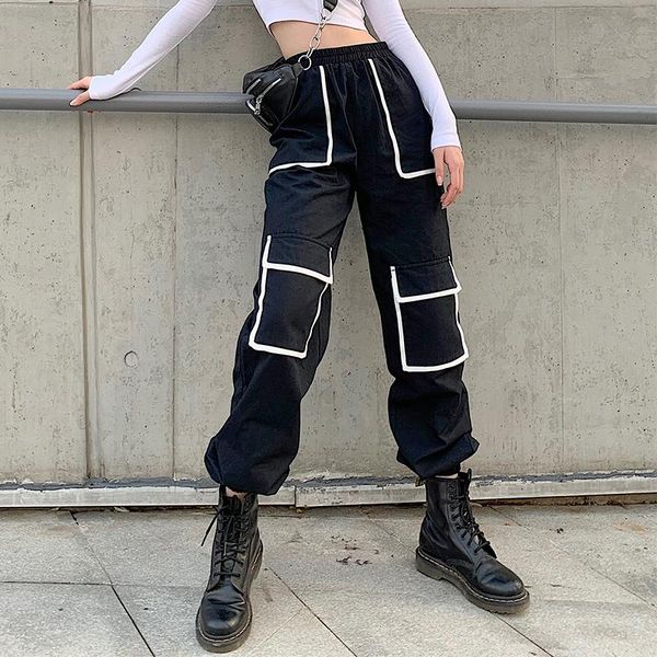 

women's pants & capris patchwork pockets hip hop sweatpants women black cotton casual cargo streetwear high waist trousers ladies, Black;white