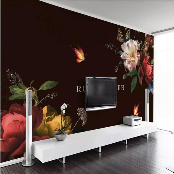 

wallpapers custom floral wallpaper 3d nordic modern minimalist rose flower vine butterfly black background wall mural for living room walls