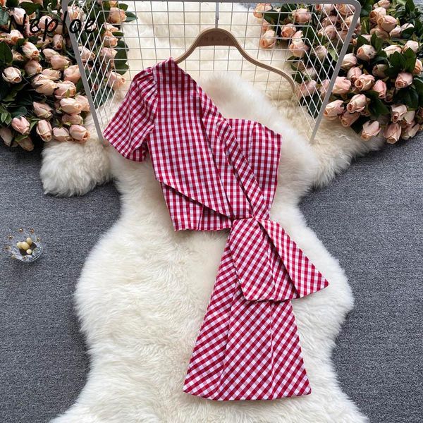 

women's blouses & shirts neploe unique irregular design sense female skew collar slim short women fashionable retro plaid blusa feminin, White