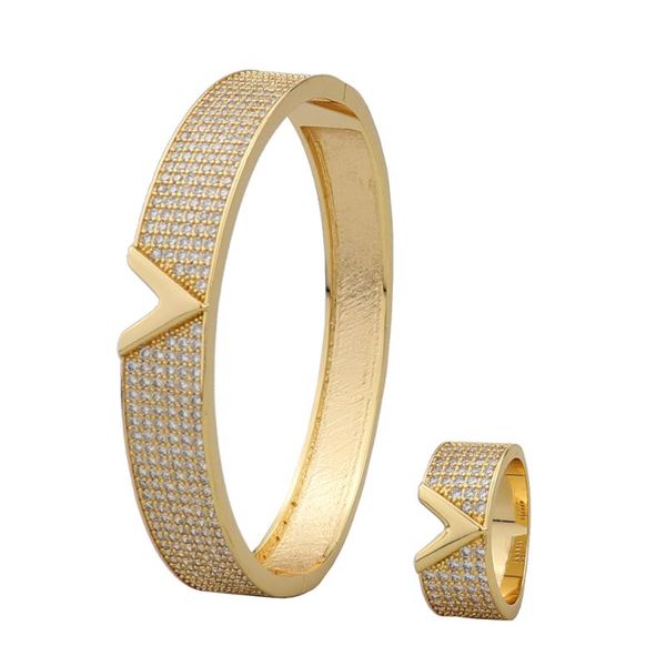 

earrings & necklace fashion classic big v-shape full stone bangle and ring dubai european set zircon women girl wedding bridal party jewelry, Silver