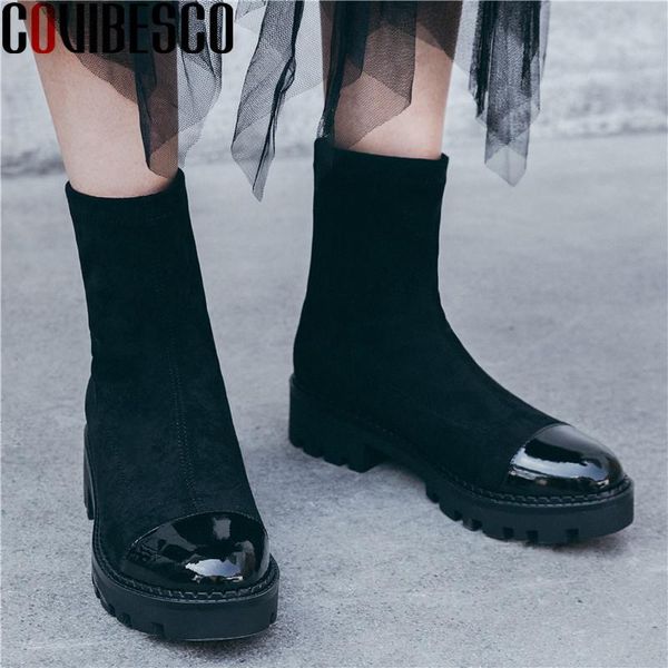 

boots covibesco shallow elegant round toe ladies suede leather platform thick heels pumps 2021 winter casual party shoes woman, Black
