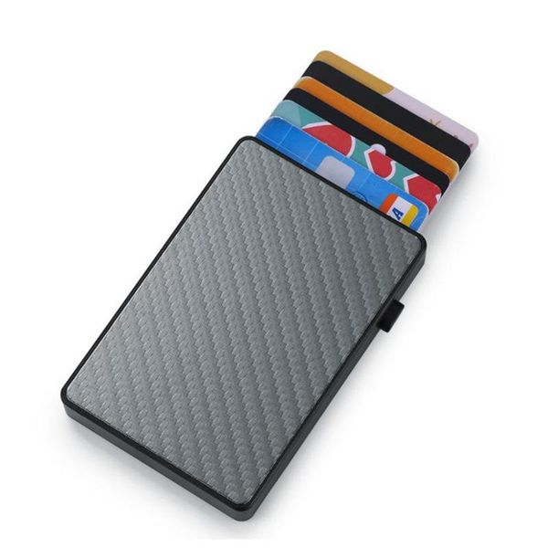 

card holders women men smart button holder fashion carbon fiber pattern slim thin wallet mini metal id bank case color, Brown;gray