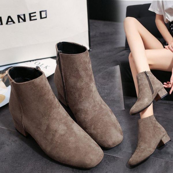 

boots 2021 autumn mid-heel thick heel simple suede women's short wild fashion, Black