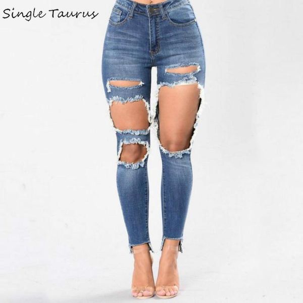 

high waist ripped jeans for women hole hollow out denim mujer fashion slim moustache effect vintage grande taille femme women's, Blue