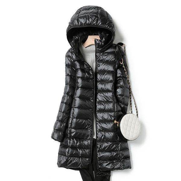 

ultra light down jacket coats long winter hooded for women, Black
