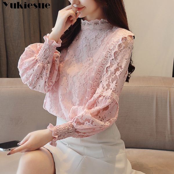 

women elegant howllow out lace blouse shirt spring casual long sleeve stand collar office lady solid ruffless blusa 210518, White