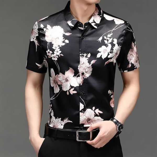

men's casual shirts summer silk for mens black smooth flowers printed satin clothing in large sizes fashion man clothes oversize work, White;black