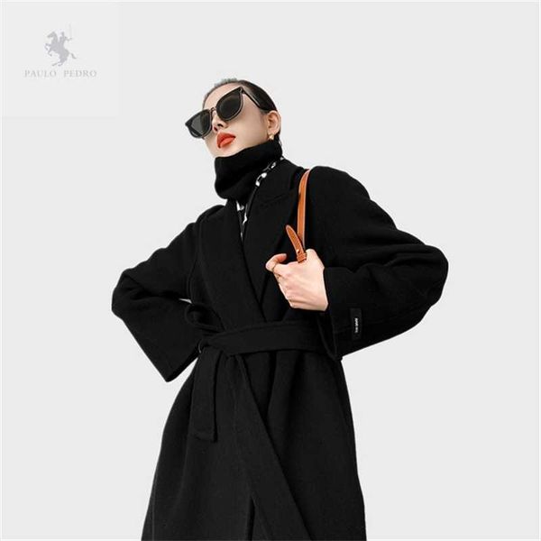 

korean ins simple high count wool warm temperament double-sided cashmere women's bathrobe lapel coat 3184, Black