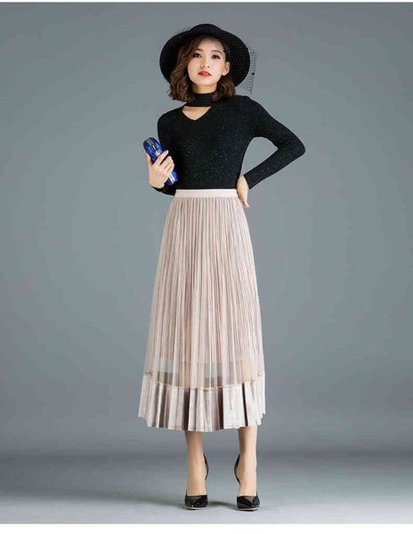

skirts fdfklak net yarn pleated skirt spring autumn mesh womens skirts wild high waist gold velvet long skirt women dn26, Black