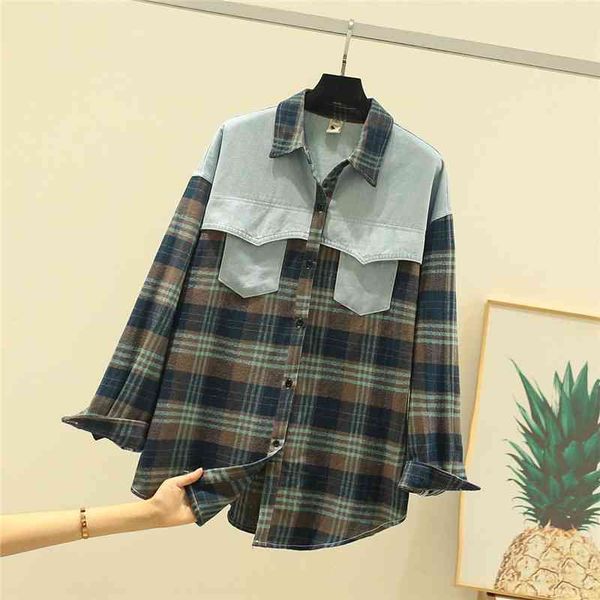 

hsa autumn women plaid turn-down collar blouse long sleeve casual loose pockets denim splice female shirts 210417, White