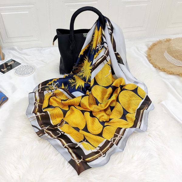 

scarves fashion hair scarf for women leaves print silk satin hijab scarfs kerchief 90cm square neckerchief ladies fj370, Blue;gray