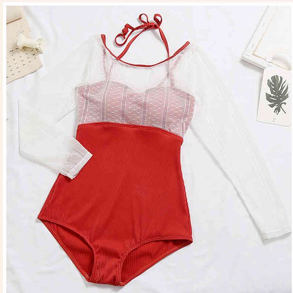 

swimwear show thin female ins wind lace conjoined triangle long sleeve covering spring bathing suit, White;black