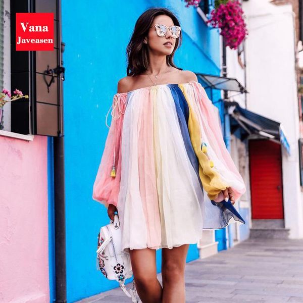 

casual dresses slash neck loose dress summer women lantern long sleeve chiffon mesh rainbow stripe beach elegant mini, Black;gray