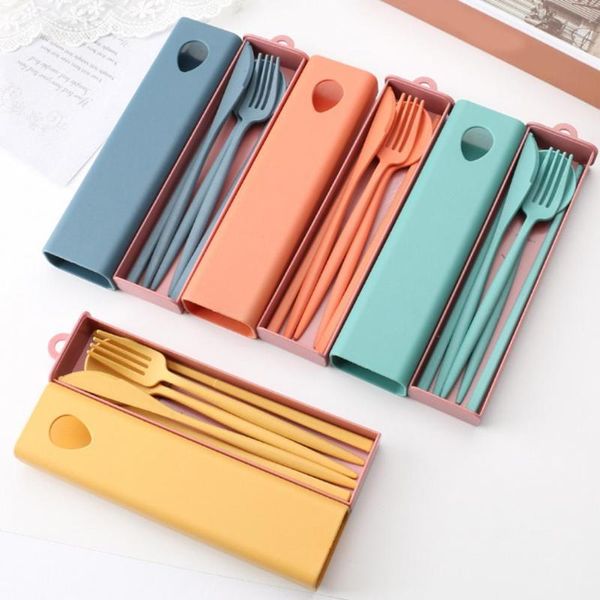 

chopsticks 1 set portable travel cutlery box wheat straw knife fork spoon sets with case student dinnerware utensils for kids