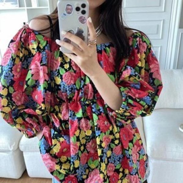 

women's blouses & shirts [ewq] korea chic casual trend women one-word collar printed off-the-shoulder loose fashion puff sleeve shirt s, White