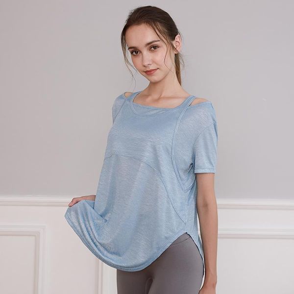 

yoga outfit willarde loose shirts women fake two short sleeve solid colour fitness workout t-shirts quick drying sport
