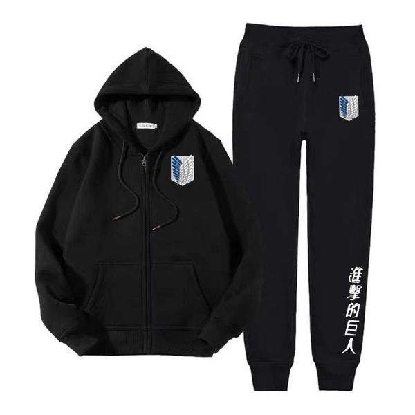 

men's hoodies & sweatshirts japanese anime attack on titan autumn winter thick fleece suit 2 pieces sets sweatshirt pants suits fashion, Black