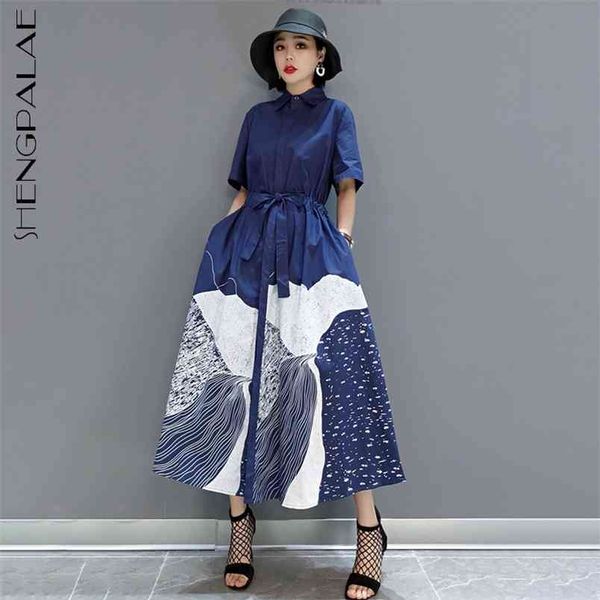 

blue shirt dress women's summer lapel single breasted drawstring waist short sleeve maxi dresses female tide 210427, Black;gray