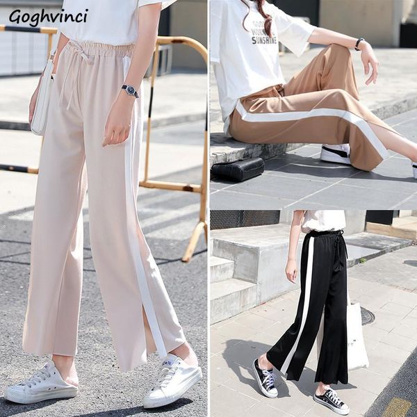 

trousers women wide-leg side-slit side-striped korean style casual pants womens high-waist ulzzang students chiffon ankle-length women', Black;white