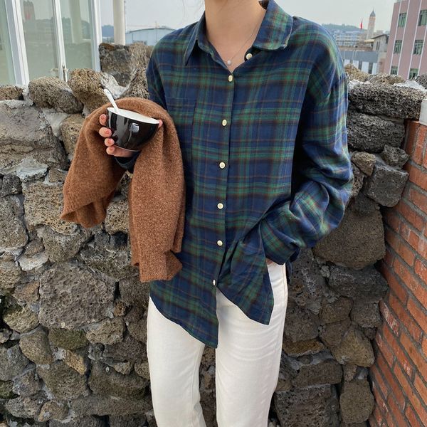 Autunno Vintage Plaid Verde Allentato All Match Ragazze Maniche lunghe Camicie da donna Streetwear Camicette geometriche a colori 210421