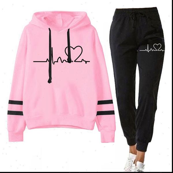 

autumn spring clothing suits womens tracksuits 2 pieces set hooded sweatshirts and black pants casual outfits love print, Gray