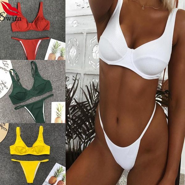 

women's swimwear women swimsuit with underwire ribbed bikini push up black thong bathing suit may bather female biquini 2021, White;black